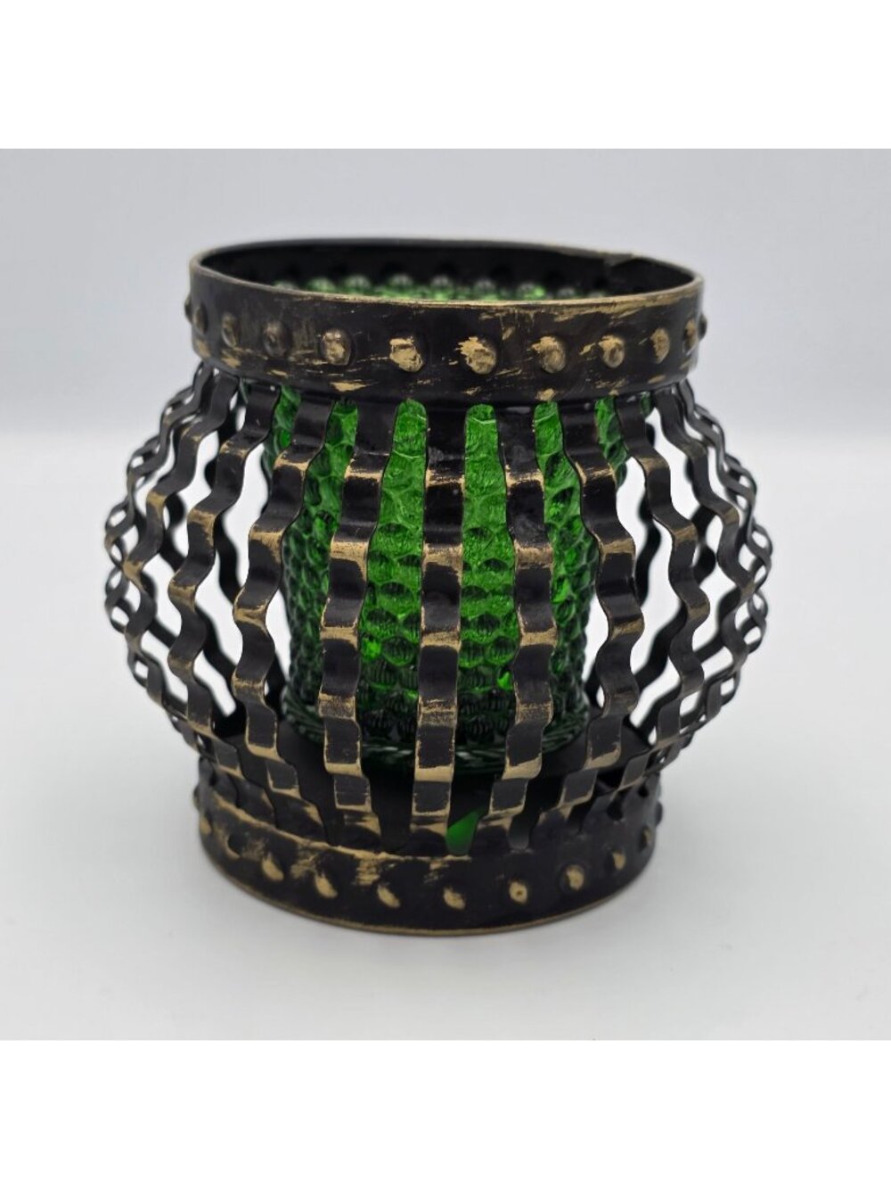 Green Glass Votive Holder Black Metal Cage Design Boho Style Vintage